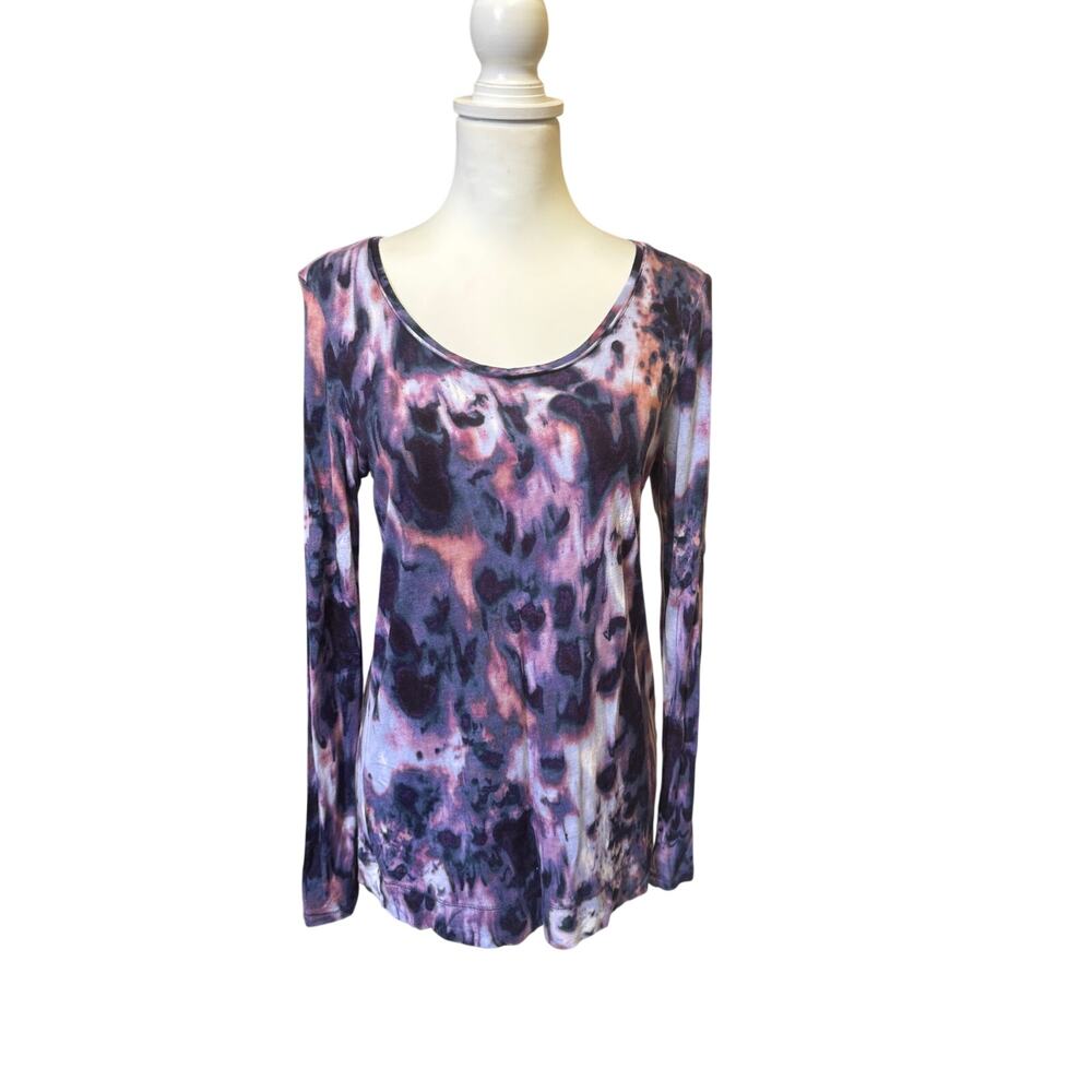 SIMPLY VERA WANG MEDIUM PURPLE ABSTRACT WATERCOLOR LONG SLEEVE RAYON TOP